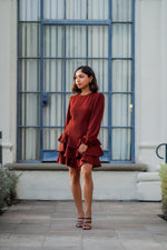 Load image into Gallery viewer, LONG SLEEVED LACE UP BACK DRESS- DARK RED