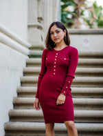 Load image into Gallery viewer, MINI RIBBED KNIT DRESS WITH GOLD BUTTONS- CHERRY RED