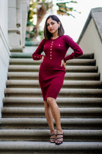 Load image into Gallery viewer, MINI RIBBED KNIT DRESS WITH GOLD BUTTONS- CHERRY RED
