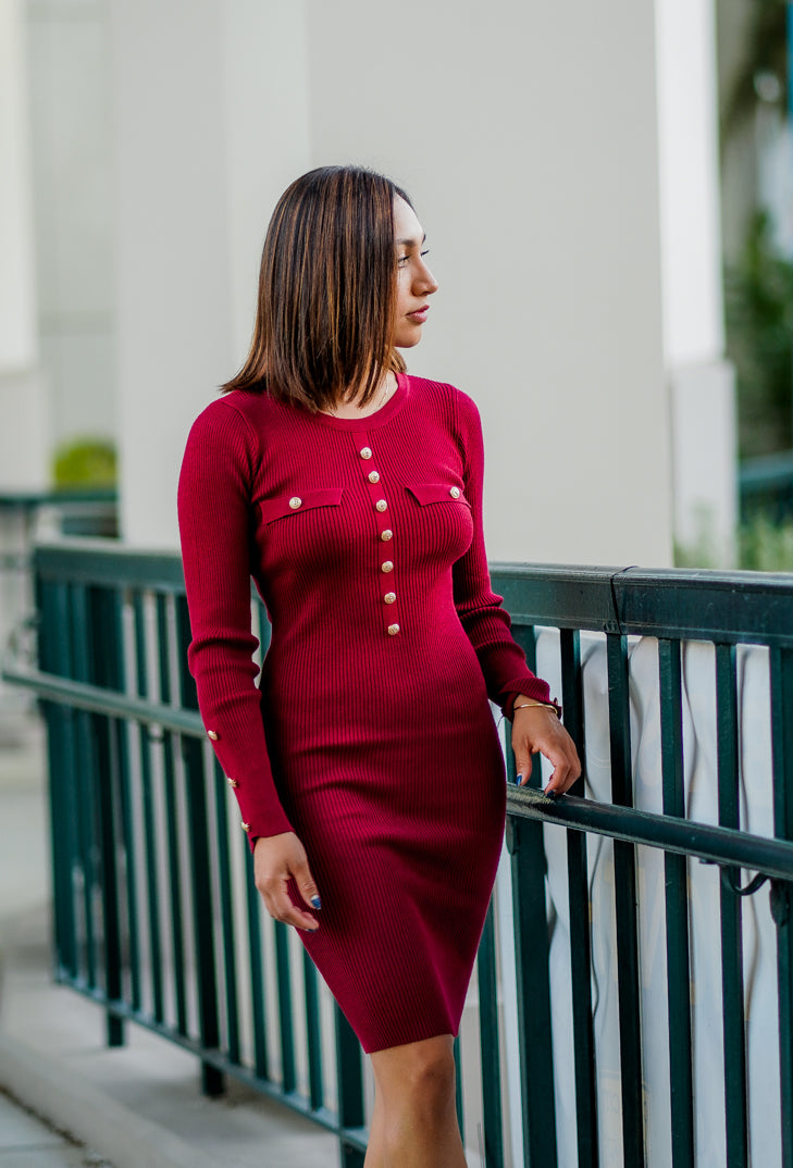 MINI RIBBED KNIT DRESS WITH GOLD BUTTONS- CHERRY RED