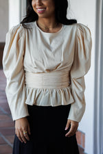 Load image into Gallery viewer, EMILIA PEPLUM BLOUSE WITH PUFF SLEEVES- OFF WHITE