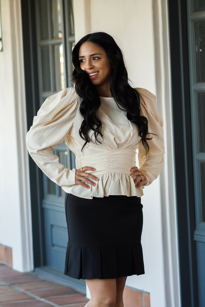 EMILIA PEPLUM BLOUSE WITH PUFF SLEEVES- OFF WHITE