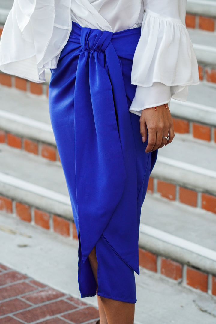 ZOEY SATIN MIDI SKIRT WITH FRONT KNOT- ROYAL BLUE