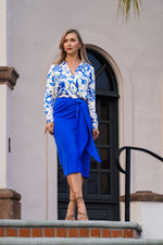 Load image into Gallery viewer, ZOEY SATIN MIDI SKIRT WITH FRONT KNOT- ROYAL BLUE